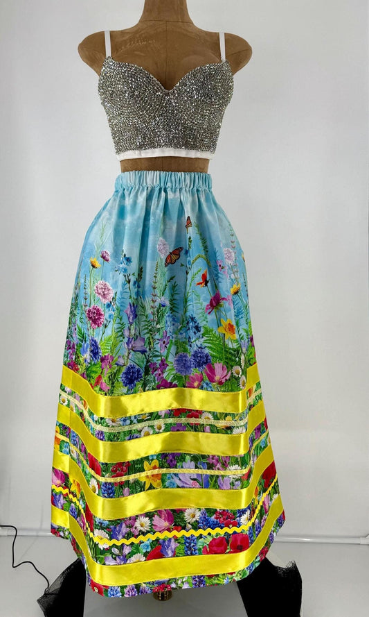 S-XL Blue & Yellow Floral Ribbon Skirt