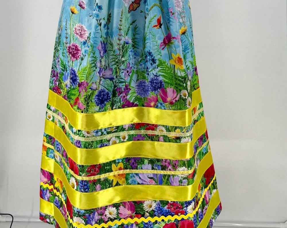 S-XL Blue & Yellow Floral Ribbon Skirt