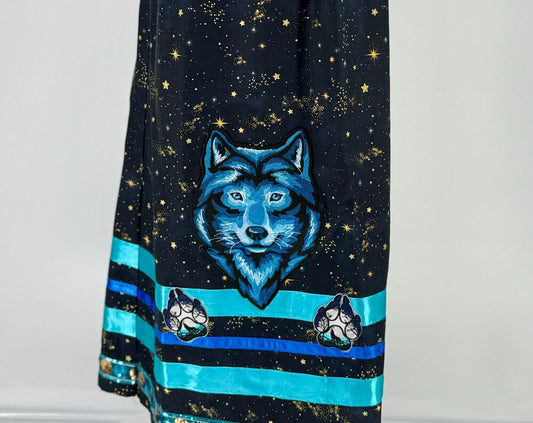 XS-S Black & Blue Celestial Ribbon Skirt with Wolf Applique